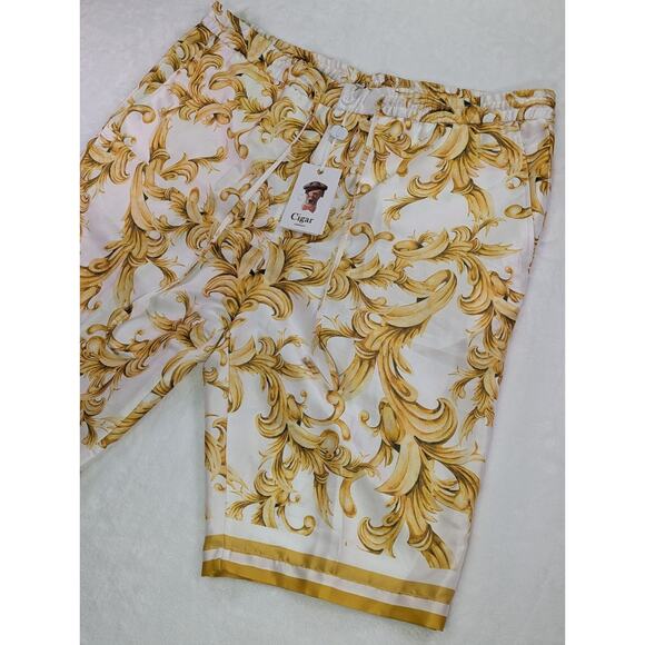 Gold 44W Baroque Style Print Elastic,Button, & Zip Shorts by Cigar Couture - Picture 3 of 11